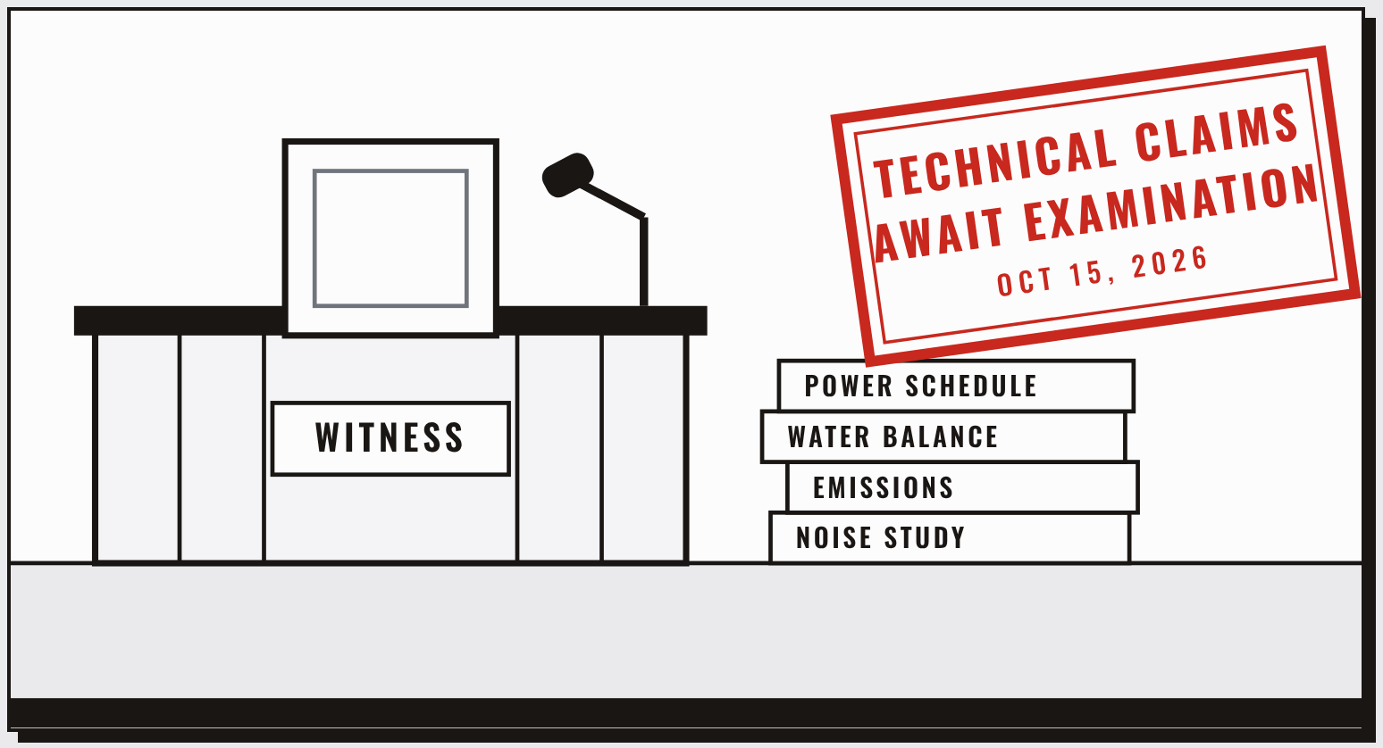 An empty witness chair beside a stack of studies Illustration of a witness chair and microphone, a stack of folders labeled noise, emissions, water and power, and a red stamp reading Technical claims await examination, October 15, 2026.